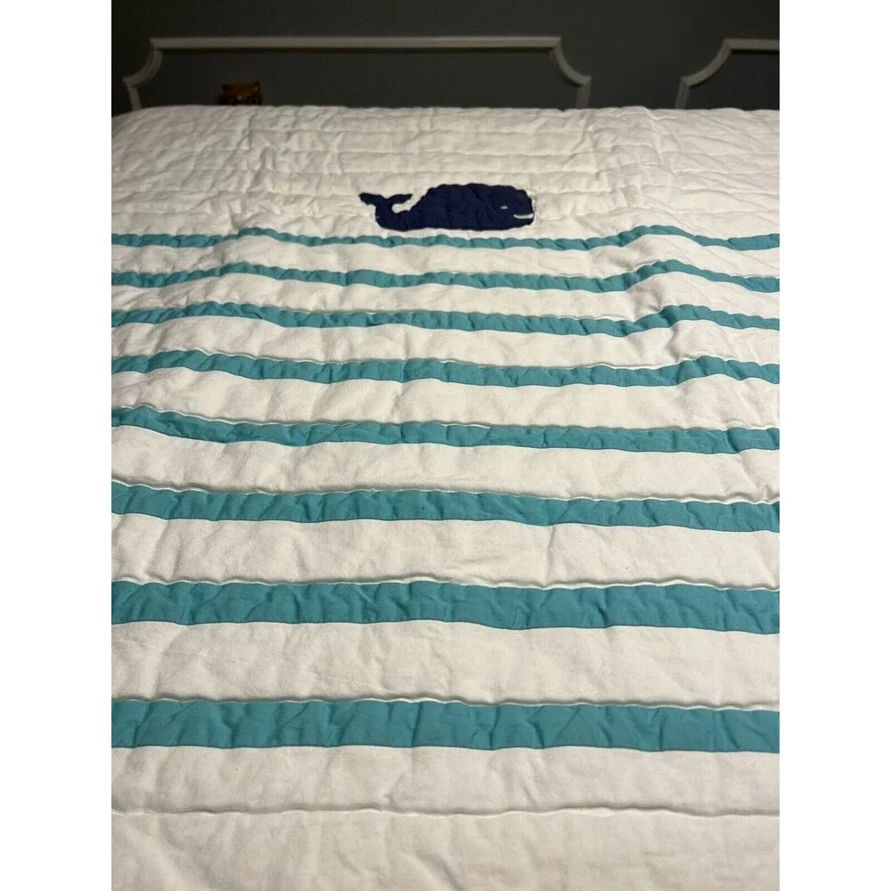 Pottery Barn Kids Hamptons Whale White Teal Baby Blue Toddler Crib Quilt 36x50”